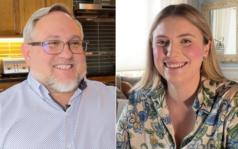 Two people are pictured in this photo. Rick Schell is wearing a blue dress shirt. He has gray hair and a beard. He's also wearing glasses. Janelle Sandboe is wearing a shirt with a flower pattern. They are considering running for city council in Chestermere, Alta.