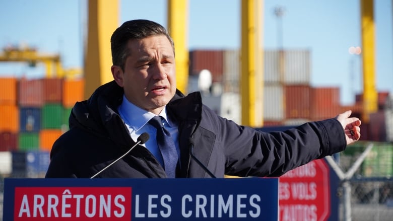 Conservative Party Leader Pierre Poilievre speaks about his car theft policy during a news conference at the Port of Montreal on Tuesday