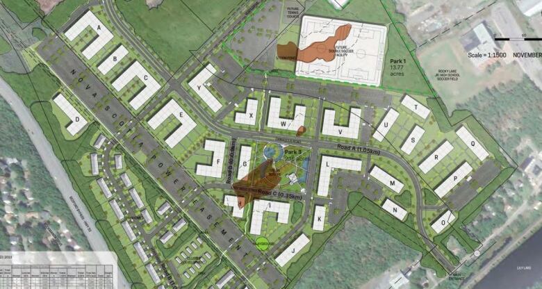 An overhead map of 2-d buildings shows squares to represent housing around green grass and streets