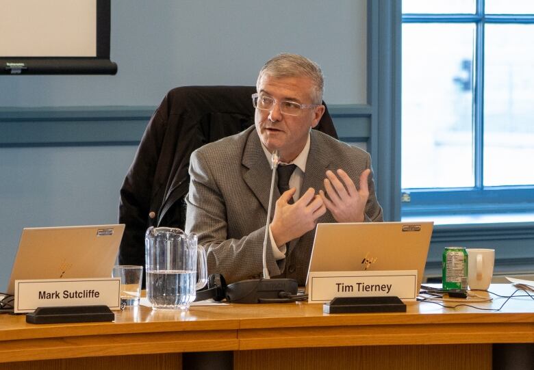 A city councillor speaks in a meeting room.