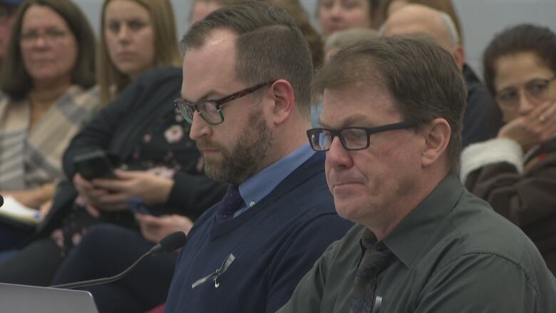 Dr. Daniel Albrechtson, left, and Dr. Steven MacNeill with East Prince Medical Staff Association present to the legislative standing committee on health and social development.