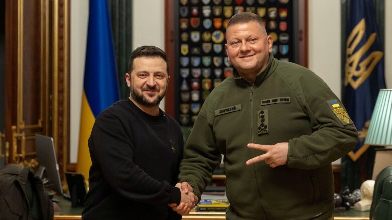 Ukrainian President Volodymyr Zelenskyy and the country's army chief, Valerii Zaluzhnyi, pose for a photo in Kyiv.