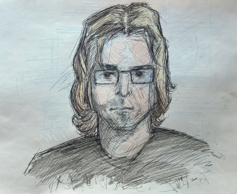 A sketch of a man with shoulder length hair and wearing glasses. 