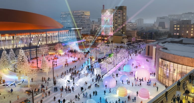 An artistic rendering of what the Downtown event and entertainment district, Saskatchewan Place, could look during winters once its completed capturing the potential for winter festivals.