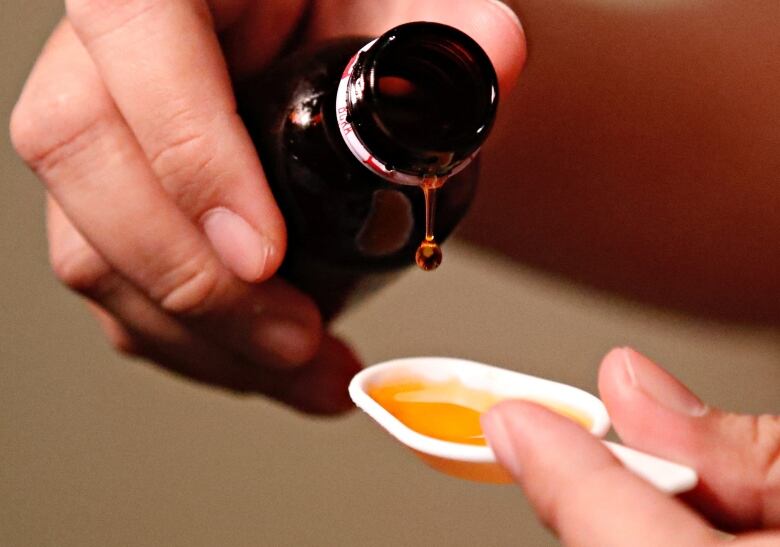 Cough syrup poured into a spoon. 