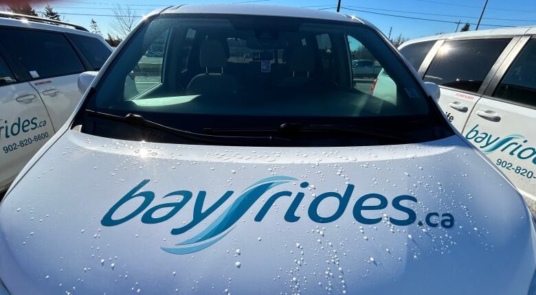 A white van is seen front on with the Bay Rides logo in blue lettering on the hood