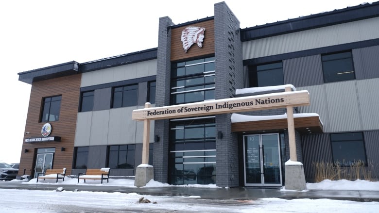 a building outside with Federation of Sovereign Indigenous Nations on it