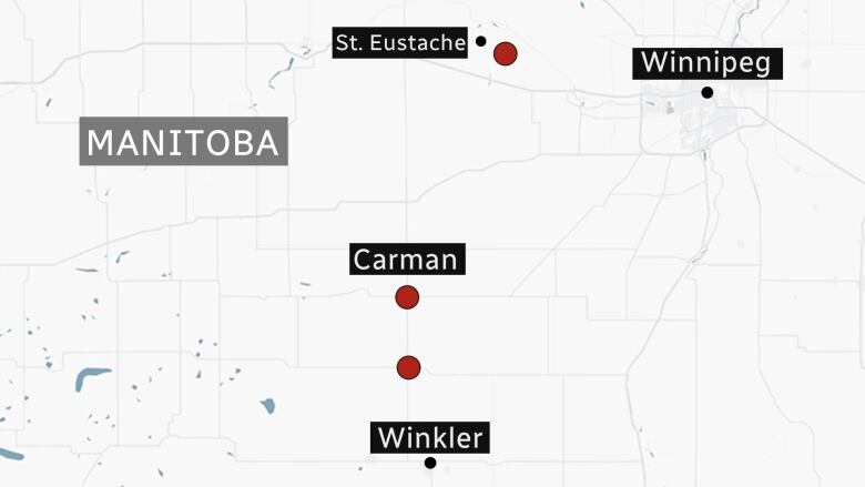 A map of southwestern Manitoba shows the locations of Winnipeg, Carman, Winkler and St. Eustache with red dots for locations nearby.