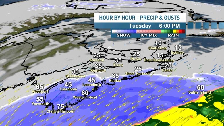 A diagram shows wind gust estimates for nova scotia at 5 pm on Tuesday, Feb. 13