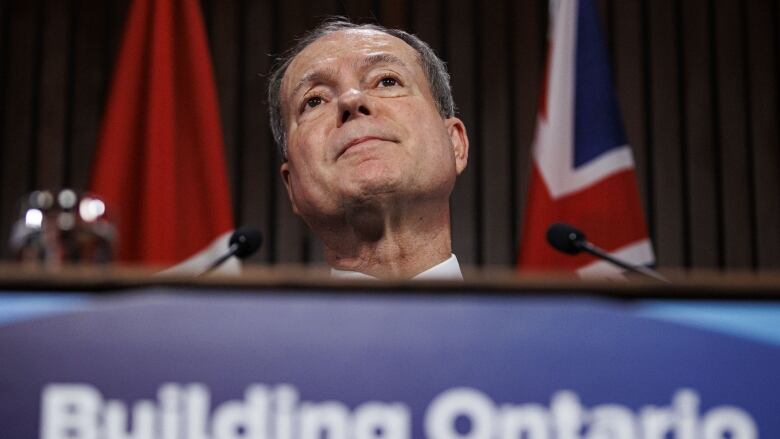 Finance minister Peter Bethenfalvy speaks to members of the media after releasing the province's third-quarter finances, at Queens Park, in Toronto, on Feb. 12, 2024.