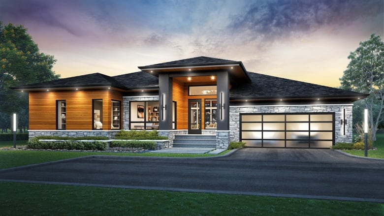 An artist's conception shows a modern one-storey home with an attached garage.