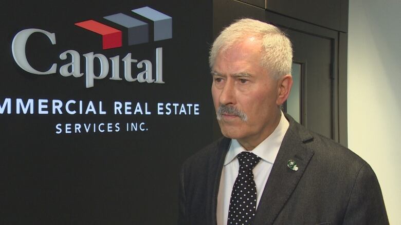 A man standing in front of a sign for Capital Commercial Real Estate Services Inc.