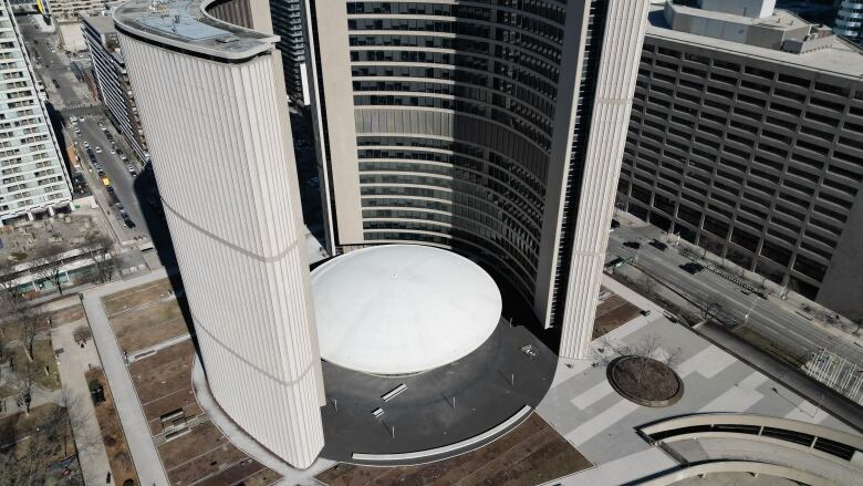 A drone image of Toronto city hall on municipal budget day.