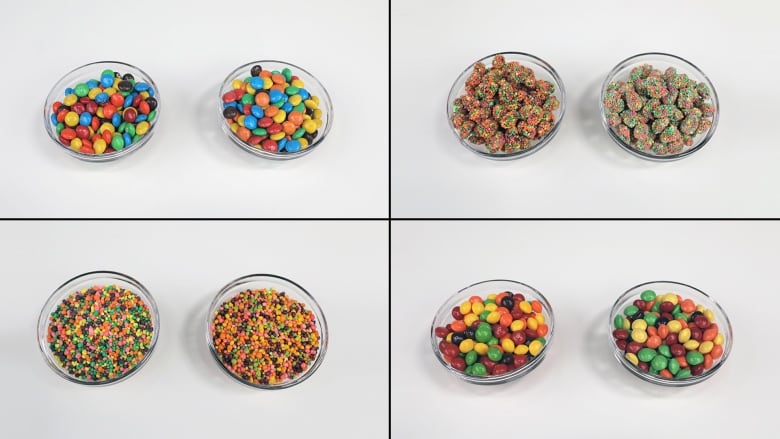 Bowls of Candy. On the left, candy appears slightly brighter than the bowl on the right.