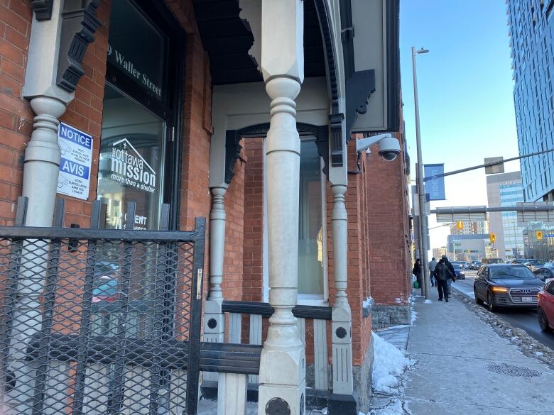 The entrance of a city's downtown shelter.