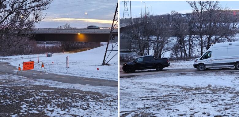 A side-by-side of two photos. The one on left shows a paved walking path going under a bridge. An orange barricade says the pathway is closed. The photograph on the right shows two vehicles parked on the path to block it. 