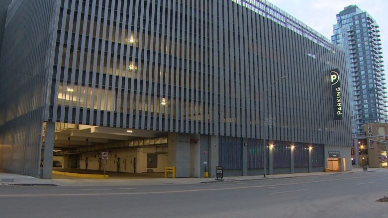 A covered parking structure, several storeys tall.