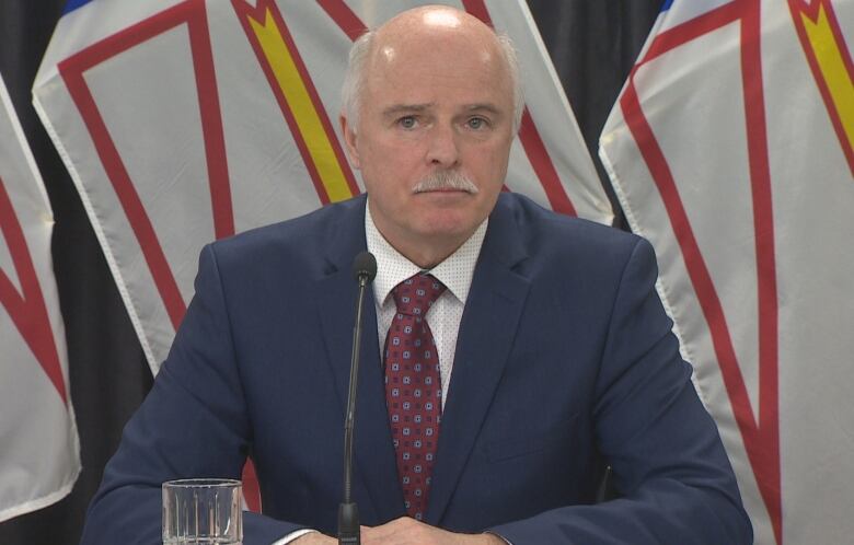 A man wearing a blue suit sits at a table in front of a microphone. There are three Newfoundland and Labrador flags behind him.