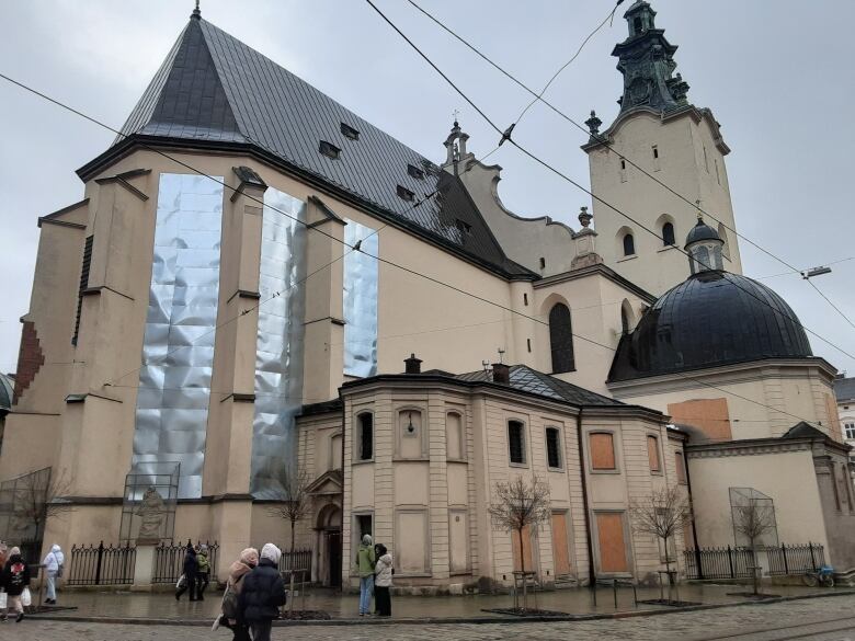 A building in Lviv with metal to protect it from missiles 