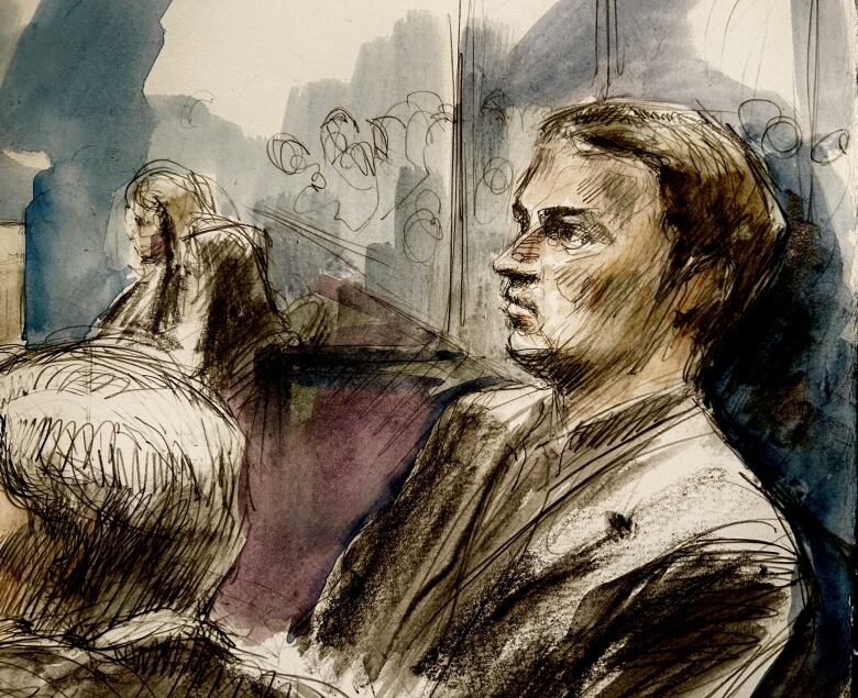 Court sketch of Nathaniel Veltman, 23, listening on Feb. 22, 2024, as Justice Renee Pomerance delivers her sentencing ruling, including that his 2021 actions were terrorist activity. 