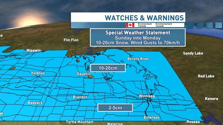 Weather map shows all of southern Manitoba highlighted in light blue.