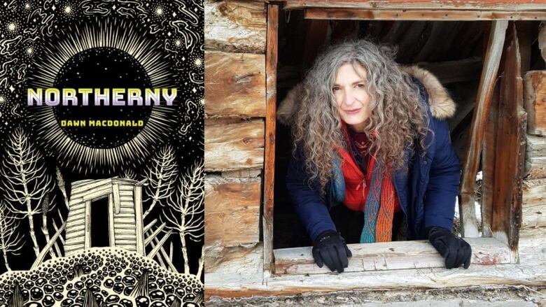 A book cover of a little shack and a shining moon. A woman with grey curly hair peeks out of a wooden cabin window. 