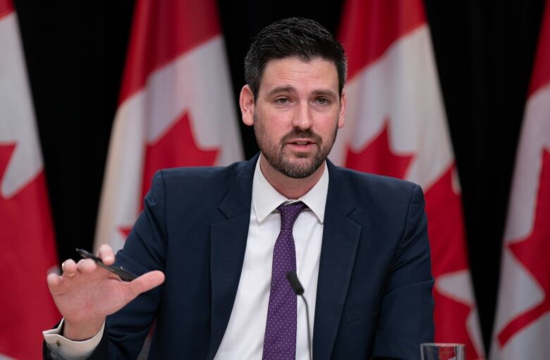 A man in a dark suit and dark tie gestures with his hand as he speaks into a microphone. A row of Canadian flags are hanging in the background.