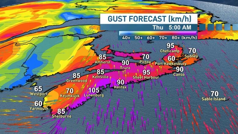 Map showing widespread wind gusts of 70-100 km/h for Nova Scotia on Thursday morning.