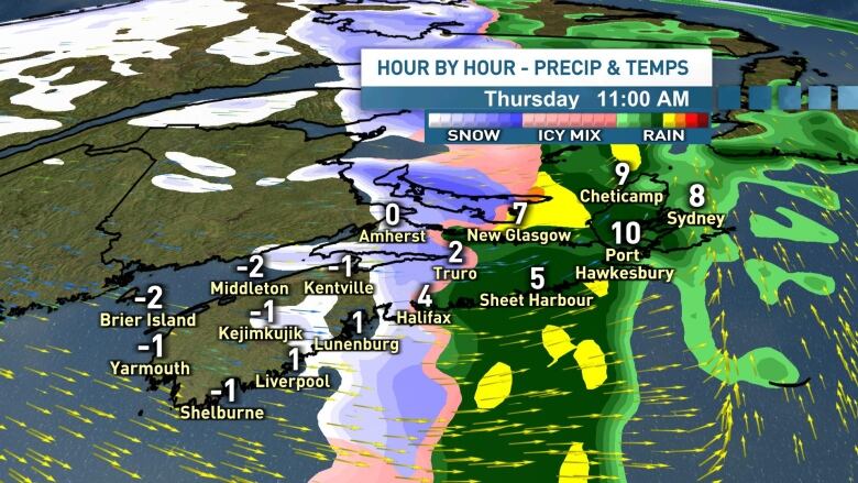 Map showing temperatures dropping from west to east across Nova Scotia on Thursday. 