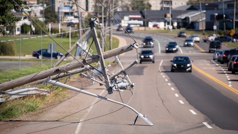 A utility pole lies across the road in Charlottetown as cars move around it. 