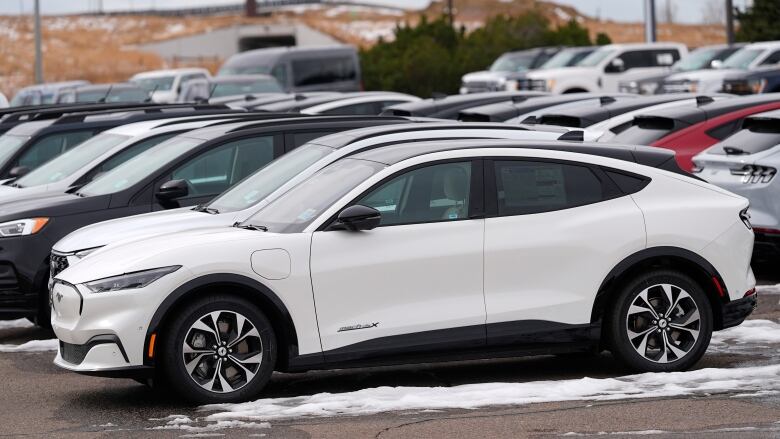 Cars sit in a parking lot.