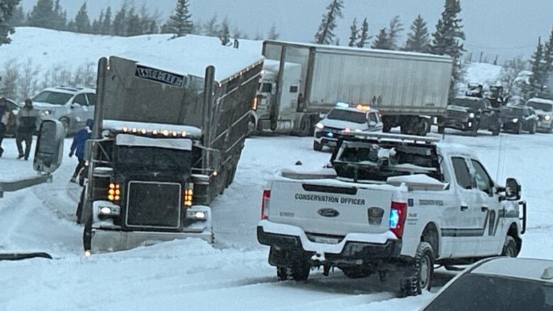 Several trucks collided on a divided highway covered in snow.