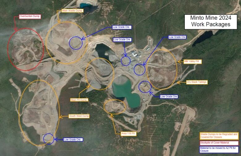 A satellite image of a mine site, with different areas circled and labelled.