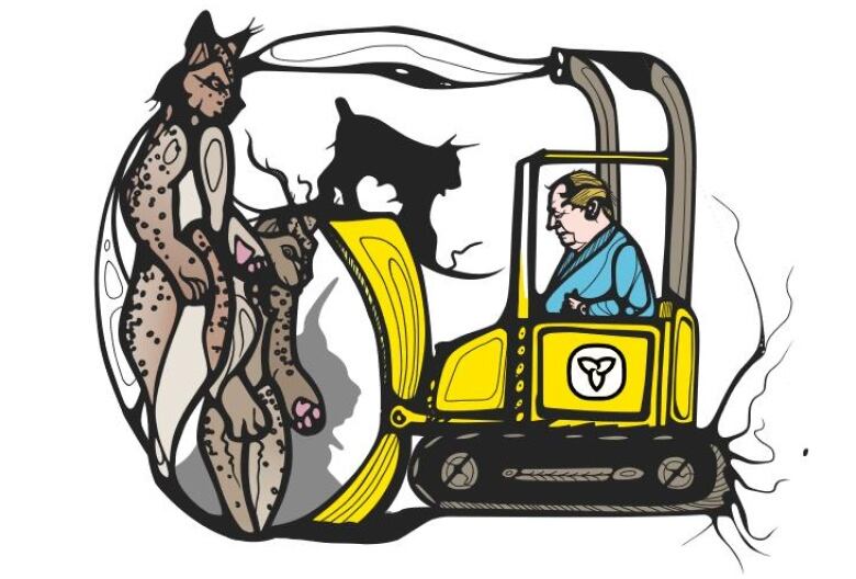 An art piece featuring Lynx cats watching a man riding a yellow bulldozer.