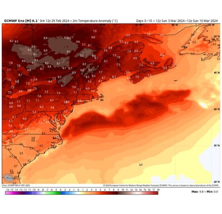 Projected temperature anomalies for March 3 to March 10.