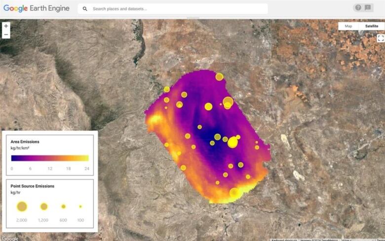 A screengrab of Google Earth Engine showing a purple and yellow blob from an aerial perspective. This represents methane hotspots. 