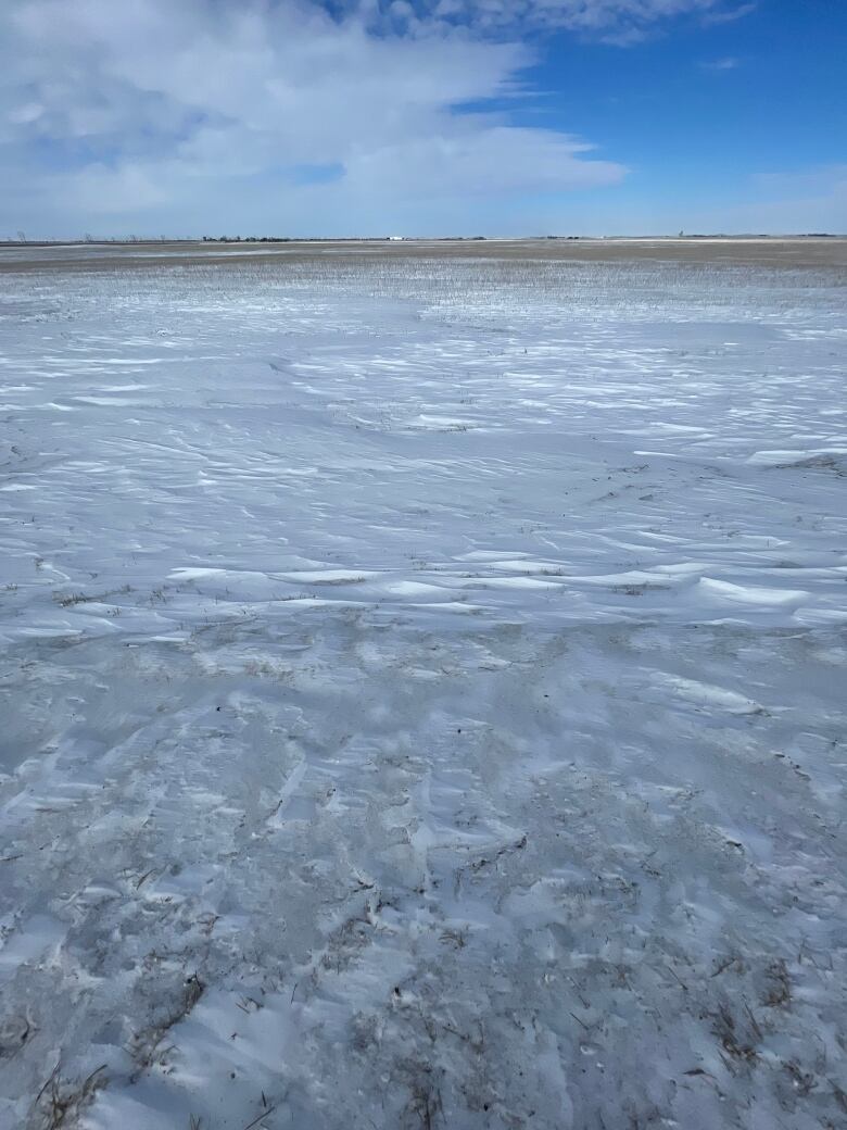 Snow is covering an open field.