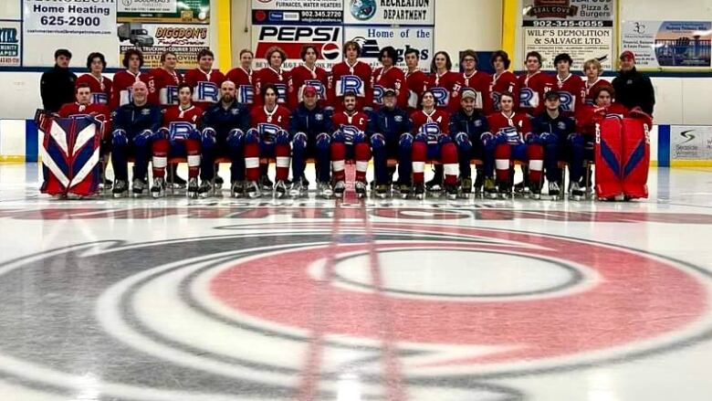 A team of hockey players pose on the ice. 