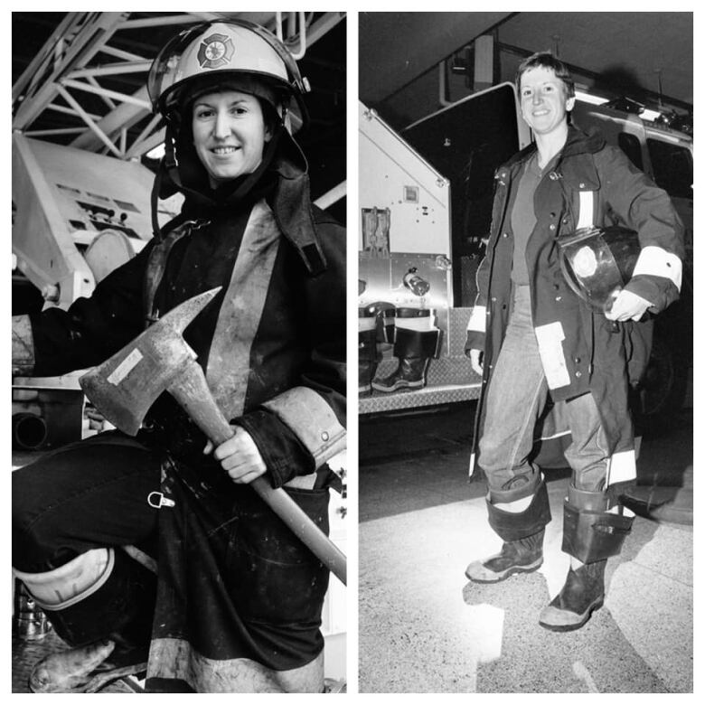 Two side-by-side black and white photos show a woman in firefighting gear.