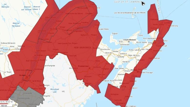 A weather map of New Brunswick and Nova Scotia.