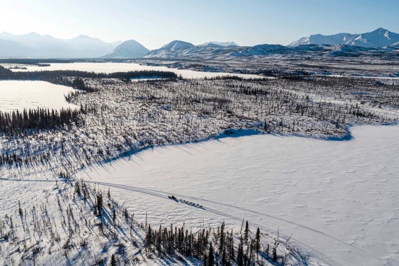 An aerial view of a sled dog team crossing a frozen lake in a snowy, mountainous wilderness.