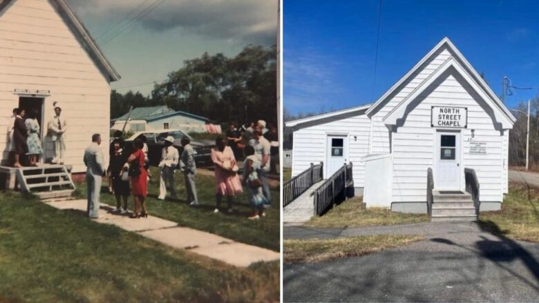 In this collage, the photo on the left shows people gathering outside a small white chapel. The photo on the right shows a photo of the chapel today.