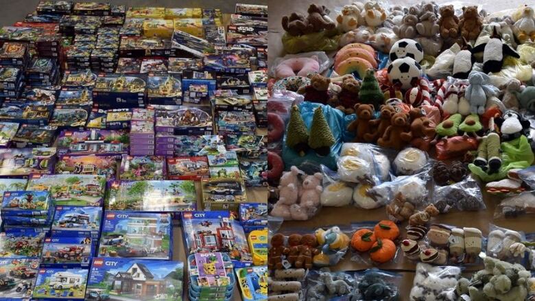 In a composite image the left shows dozens of Lego boxes laid out on a table and on the right at least a hundred stuffed plushie animals. 