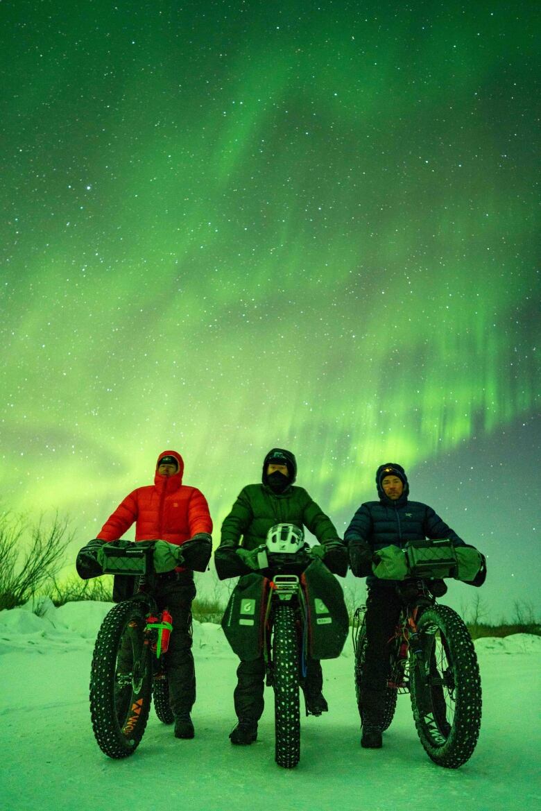 three men on fatbikes standing in front of the northern lights. 