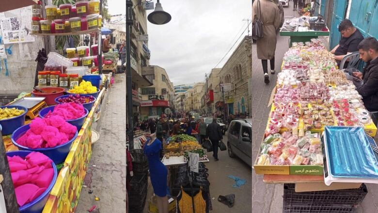 A composite image showing some food stalls, and people walking on the street.