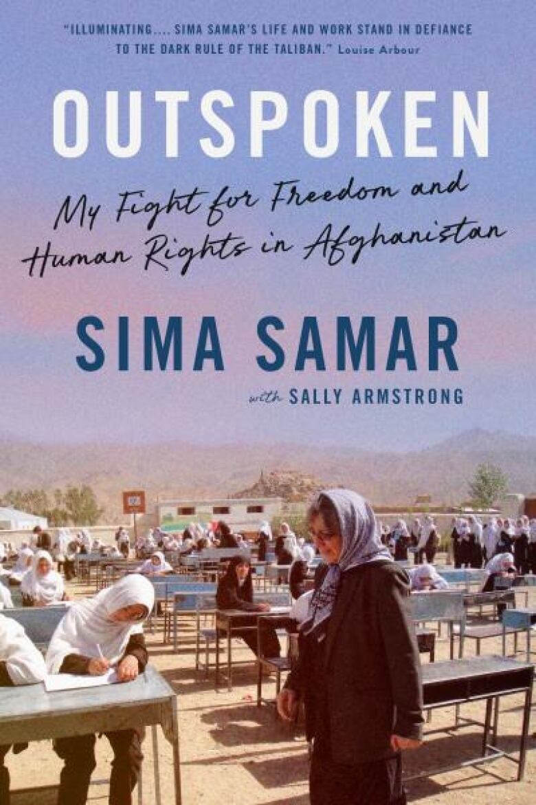 A book cover featuring a woman in a headscarf walking through an outdoor classroom.