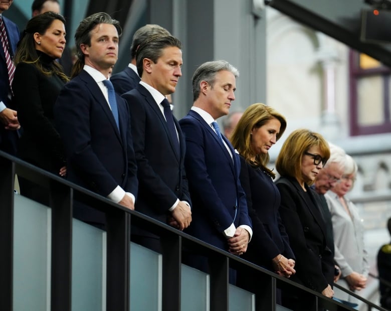 Mulroney family members take part in a moment of silence prior to tributes to the late prime minister Brian Mulroney in the House of Commons on Parliament Hill in Ottawa on Monday, March 18, 2024. 