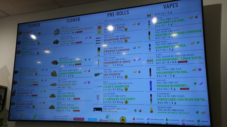 A monitor inside a retail store listing prices and selection of cannabis. 