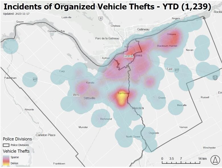 A crime heat map of a city, with red blobs in its core and a yellow blob showing a higher concentration in one suburb.