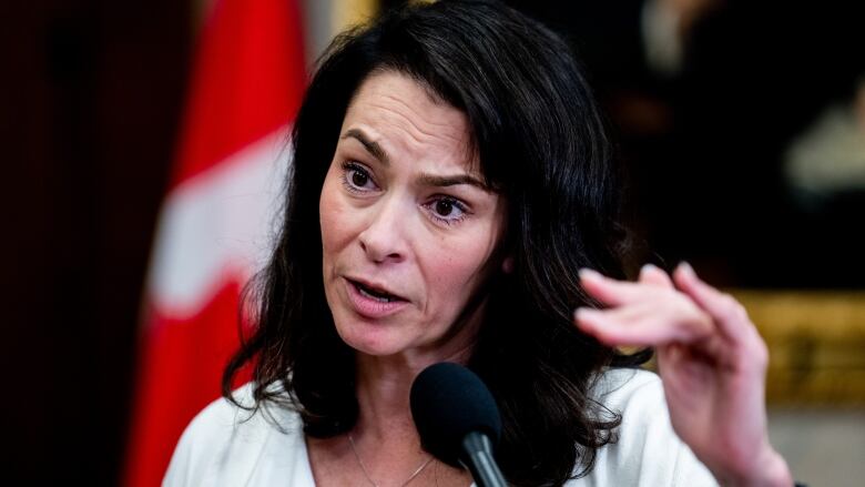 A woman speaks at a microphone.